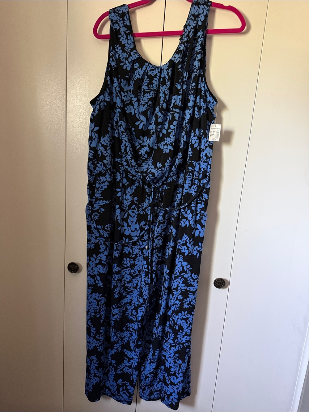 dressbarn Black Jumpsuit with Blue Floral Print